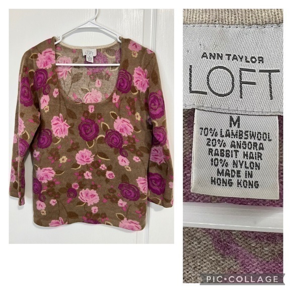 VTG 90s Ann Taylor LOFT Lambswool Angora Floral Sweater size M - Picture 1 of 10
